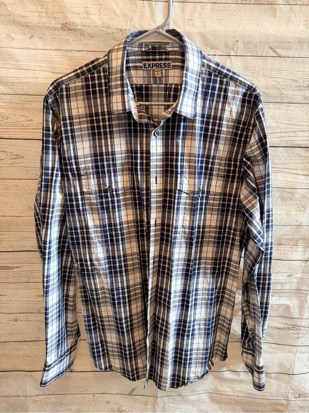 Express Men's Navy and White Plaid Button-Down Shirt